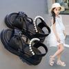 Sandals Girls 2025 New Summer Children's Fashion Pearl Princess Shoes Girls Bow Korean Roman Sandals