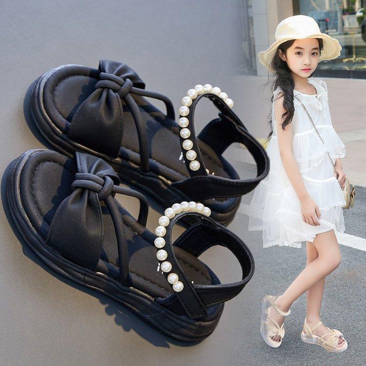 Sandals Girls 2025 New Summer Children's Fashion Pearl Princess Shoes Girls Bow Korean Roman Sandals