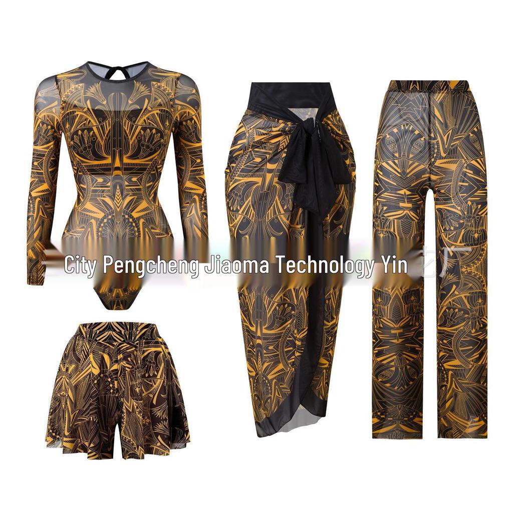 Vierteiliger Damen-Badeanzug mit langen Ärmeln, Netzstoff, Sonnenschutz und Hose