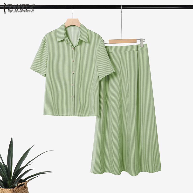 ZANZEA Women Short Sleeve Blouse and Long Skirts Casual Stripr Print Two Piece Sets