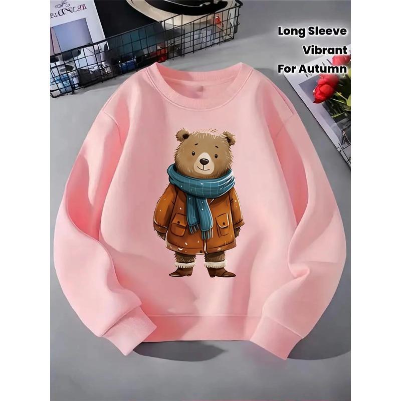 European Sizes Kids' Crewneck Sweatshirt - Bear Wearing Winter Coat And Scarf , Sportswear And Casual Wear, Soft And Comfortable, Children's Clothing