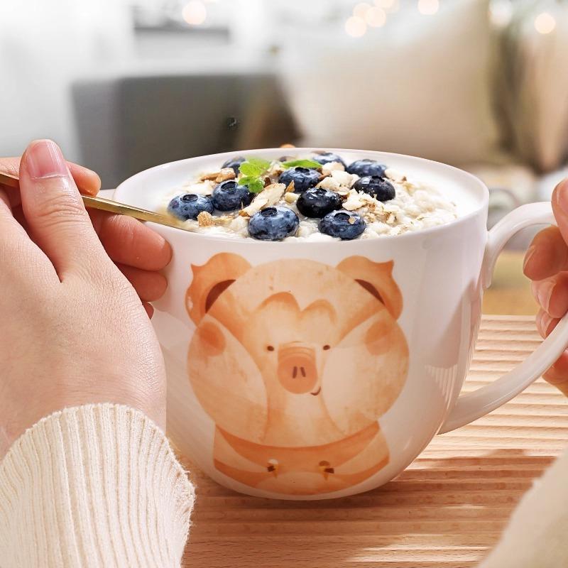 600ml Velkokapacitní keramický hrnek slon s víčkem a lžičkou – Roztomilý zvířecí design Snídaňová miska, Miska na ovesnou kaši, Šálek na kávu