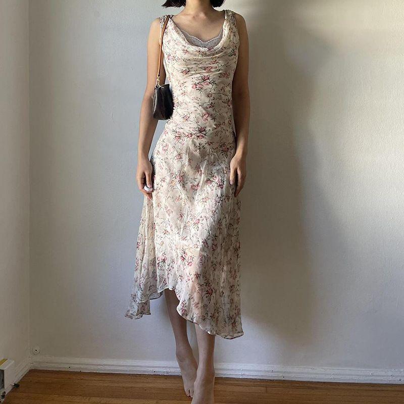 

Fashion Sexy Vacation Style Floral Print Lace Irregular Dress Swing Collar High Waist Slim Fit Long Dress Women Color S