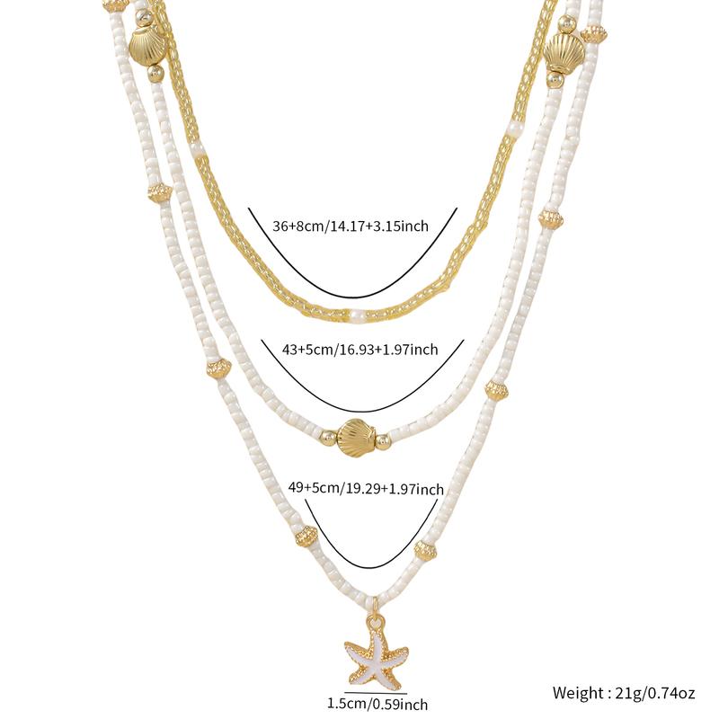 Vintage Damen Mehrschichtige Gestapelte Handgefertigte Rocailles Choker Trendige Seestern Muschel Anhänger Halskette Sommer Strandparty Schmuck