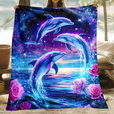 1 Stück Cartoon verträumter Delfin HD-Druck leichte Flanell-Kuscheldecke - Geschenk für Erwachsene für Familie oder Freunde - Gestricktes Polyester A