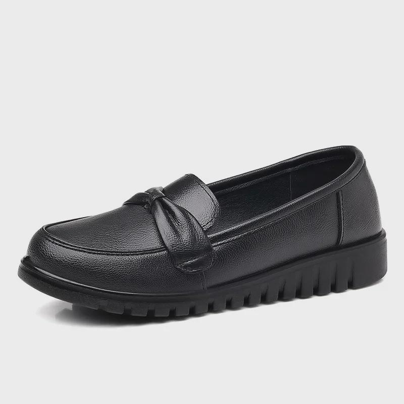 Mocassins de printemps à bout rond et semelle basse de couleur unie: Chaussures en cuir souple imperméables et résistantes à l'huile pour le confort des femmes