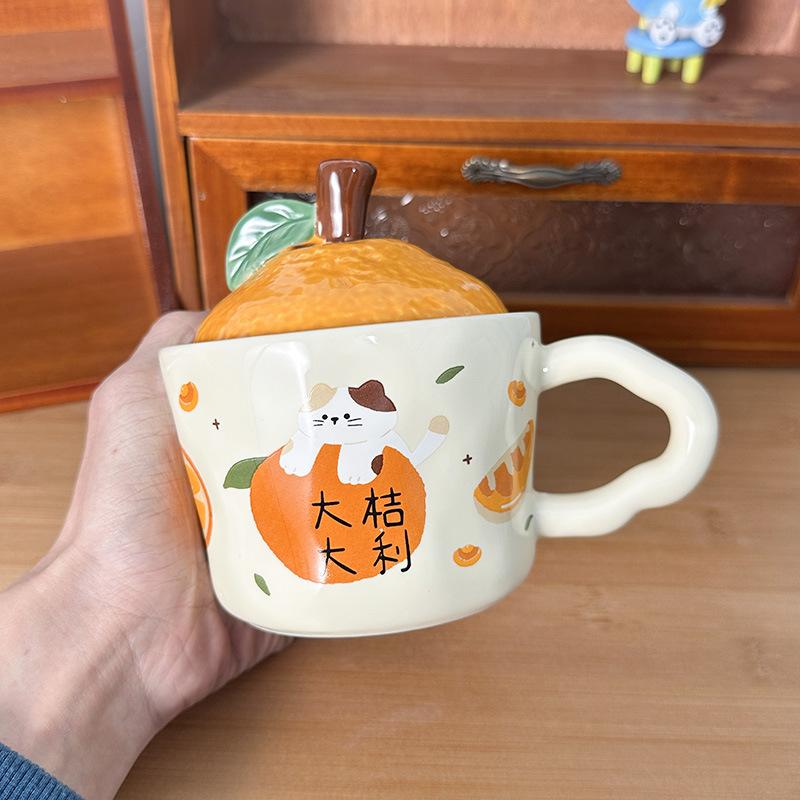 Cute Orange Cat Mug with Lid Creative Good Luck Cup Girls Home Coffee Cup Chinese New Year Gift