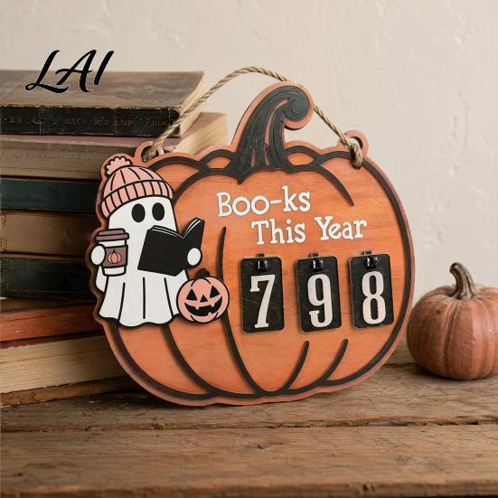 Halloween Reading Counter Ghost Pumpkin Tracker Wooden Hanging Sign Sliding Number for Book Read This Year Digital Spooky Decor with Jute