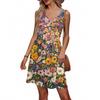 Abito da donna estivo scollo a V casual da vacanza al mare con stampa floreale retrò, senza maniche, patchwork