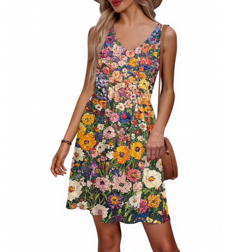 Abito da donna estivo scollo a V casual da vacanza al mare con stampa floreale retrò, senza maniche, patchwork