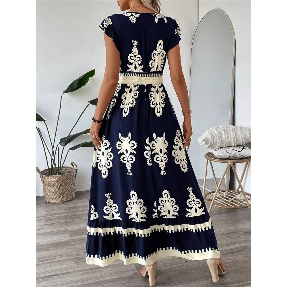 Abito estivo da donna con scollo a V, manica corta a volant, vestito da spiaggia con stampa, vita alta, orlo svolazzante, abito per le vacanze