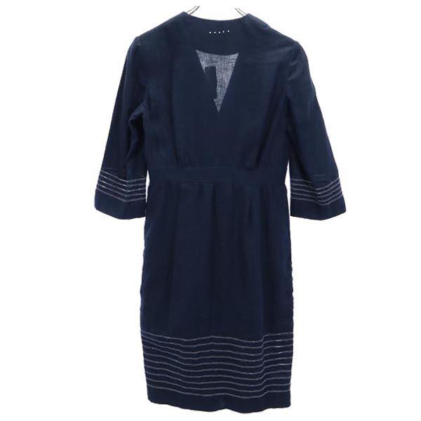unused Made in Italy Linen 7 minutes sleeve V neck one piece 42 Navy blue Women Used