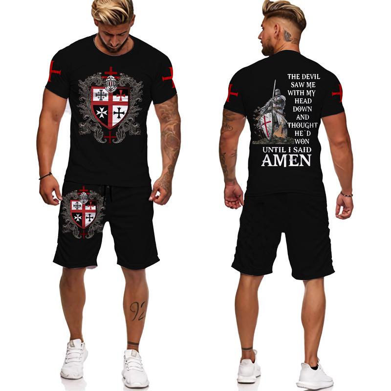 Cool Men's Knight Templar 3D Print Tees/Shorts/Sets Retro Warrior Armor Cosplay Outfits T-Shirt Suit Hip Hop Streetwear Clothing