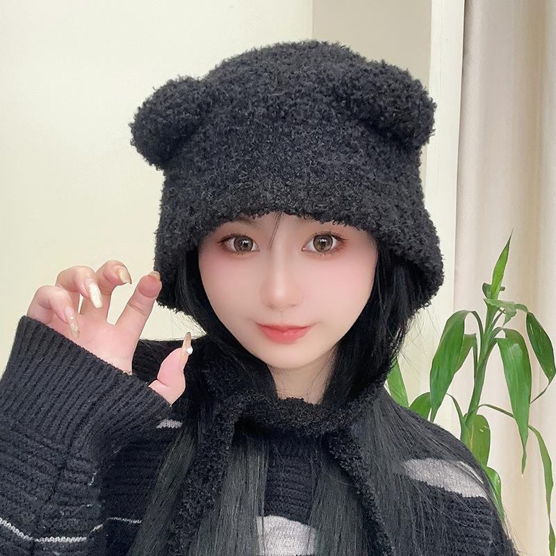 

Cute bear ears wool knitted hat, children s autumn and winter face, small ear protectors, warm big head circumference, gray cold hat One Size