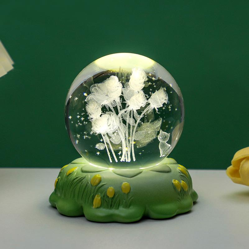 Tulip Crystal Ball 3D Night Light - Luminous Bedroom Ornament & Birthday Gift for Girls