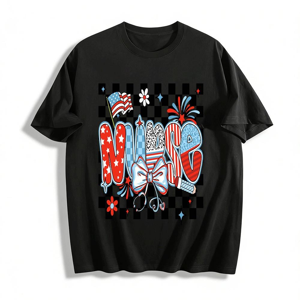 

American Retro Plaid Nurse Themed Top Independence Day Print Tee Pure cotton T-shirt XXS