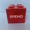 Available: Red, Yellow, Blue Building Block Piggy Bank - English Version, Transparent Money Coin Bank.