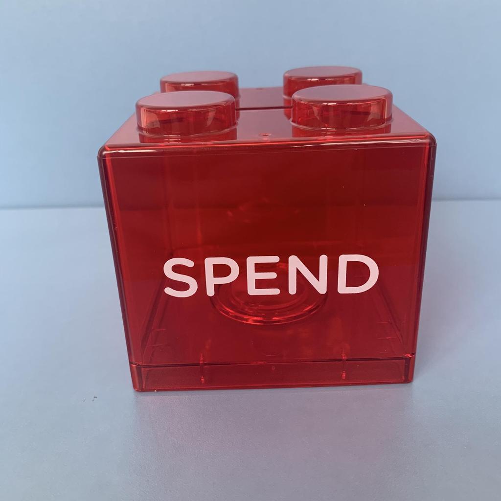 Available: Red, Yellow, Blue Building Block Piggy Bank - English Version, Transparent Money Coin Bank.