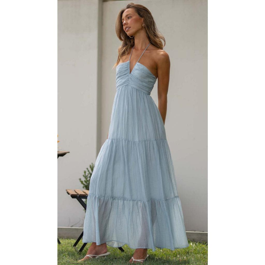 Women's Halter Neck Sleeveless Solid Maxi Dress High Waist Casual Tiered Dress