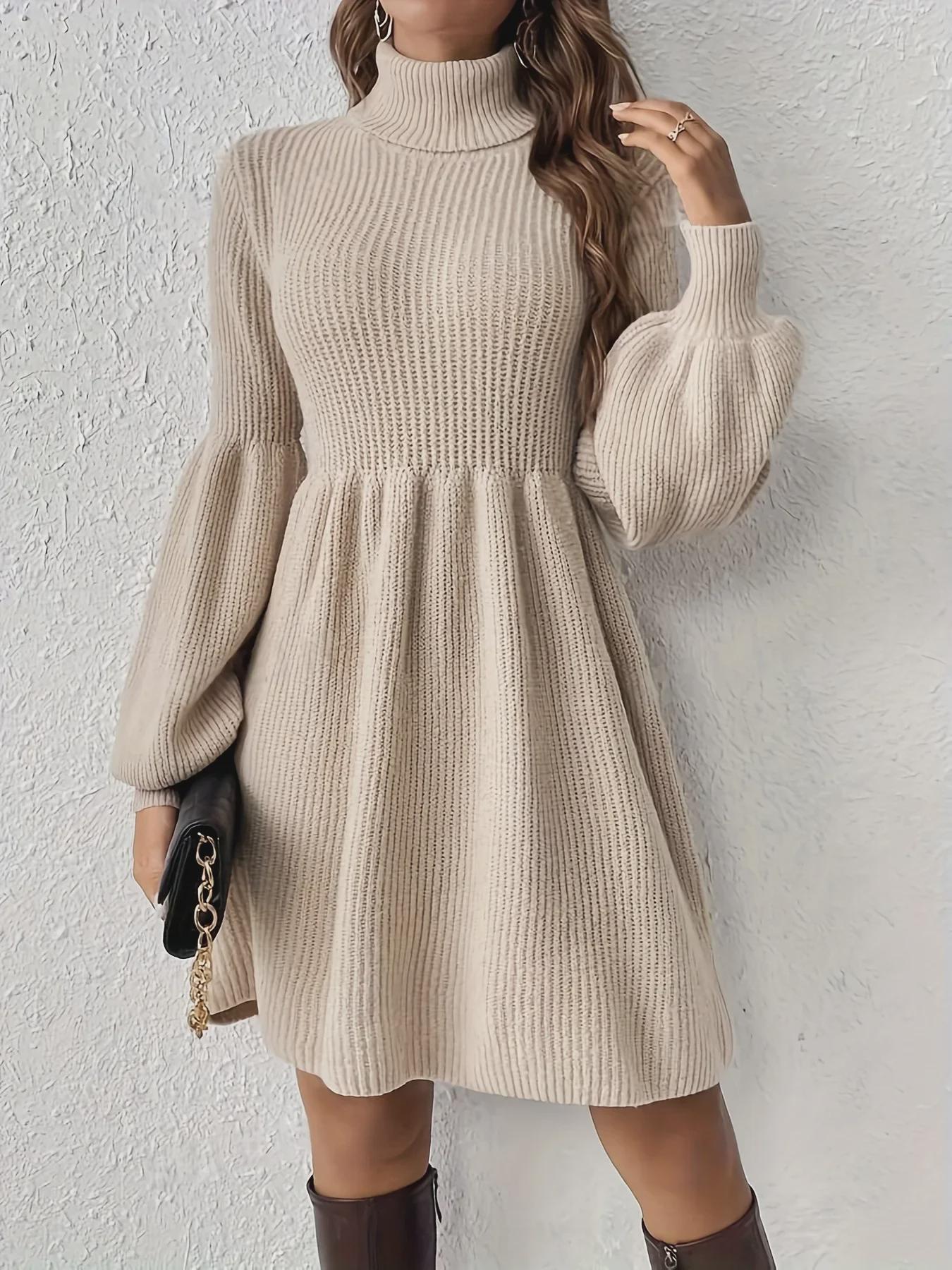 

2024 Стильное повседневное платье-свитер с высоким воротом (Ремень в комплект не входит) Extra Small абрикосовый