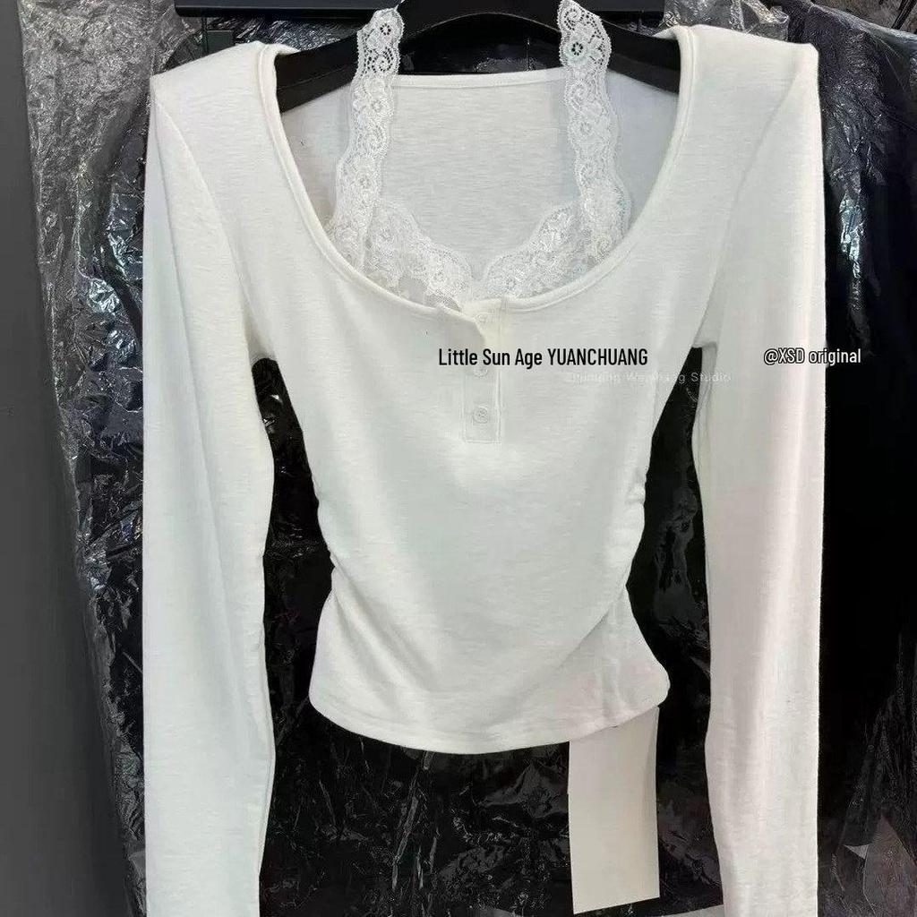 2025 Autumn/Winter Thermal Korean Halter Neck Lace Patchwork Long Sleeve T-shirt - Fake Two-Piece Women's Base Layer.