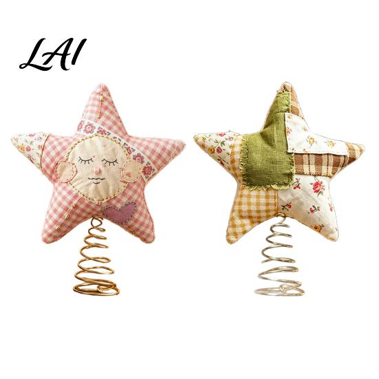 Fabric Star Ornament Christmas Tree Topper Patchwork Plush Stuffed Xmas Handmade Cloth Topper for Winter Holiday Party Home Decor
