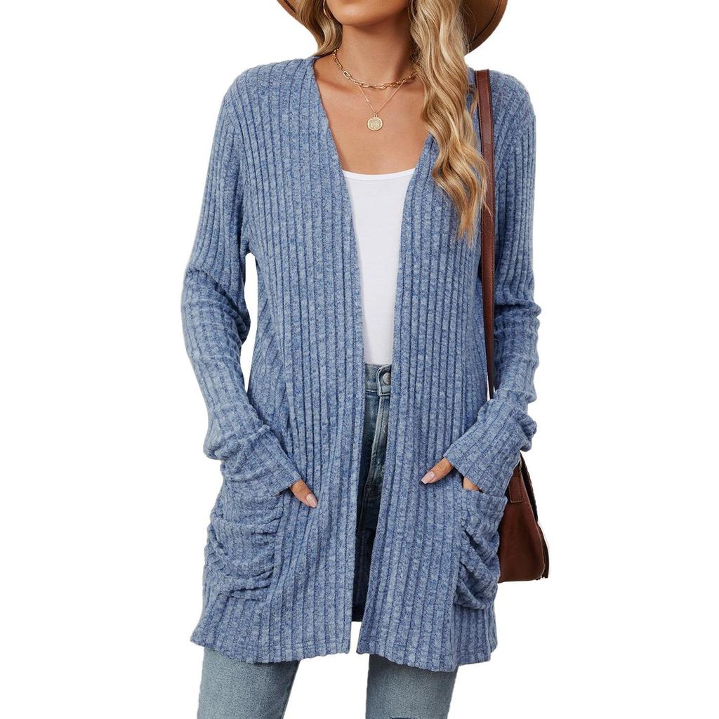 Autumn and Winter New Ladies Knitted Pockets Long-sleeved Casual Cardigan Jacket Long Cardigan Women Tops Kawaii Sweater