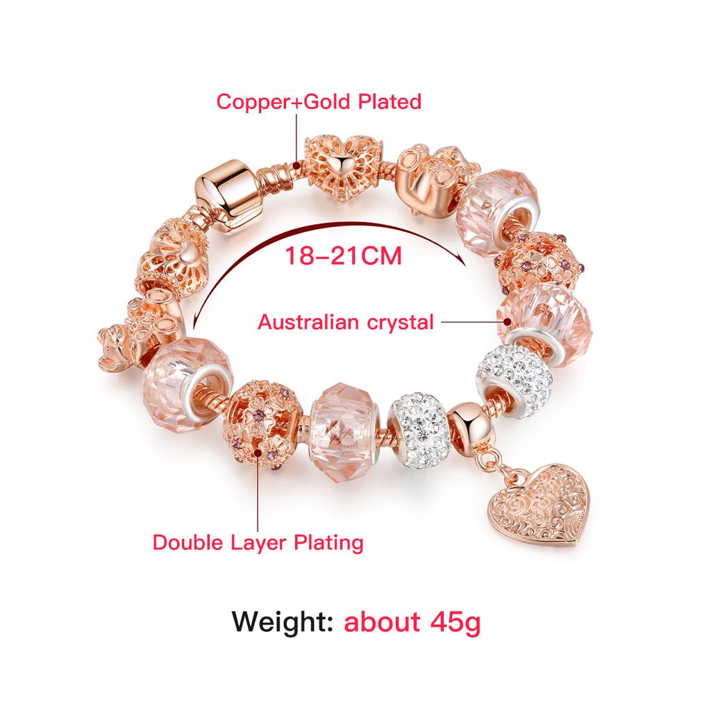 Roségoldene herzförmige Charm-Armbänder, Modeschmuck, Perlenarmband, Geburtstag, Weihnachten, Geschenke für Mädchen und Frauen