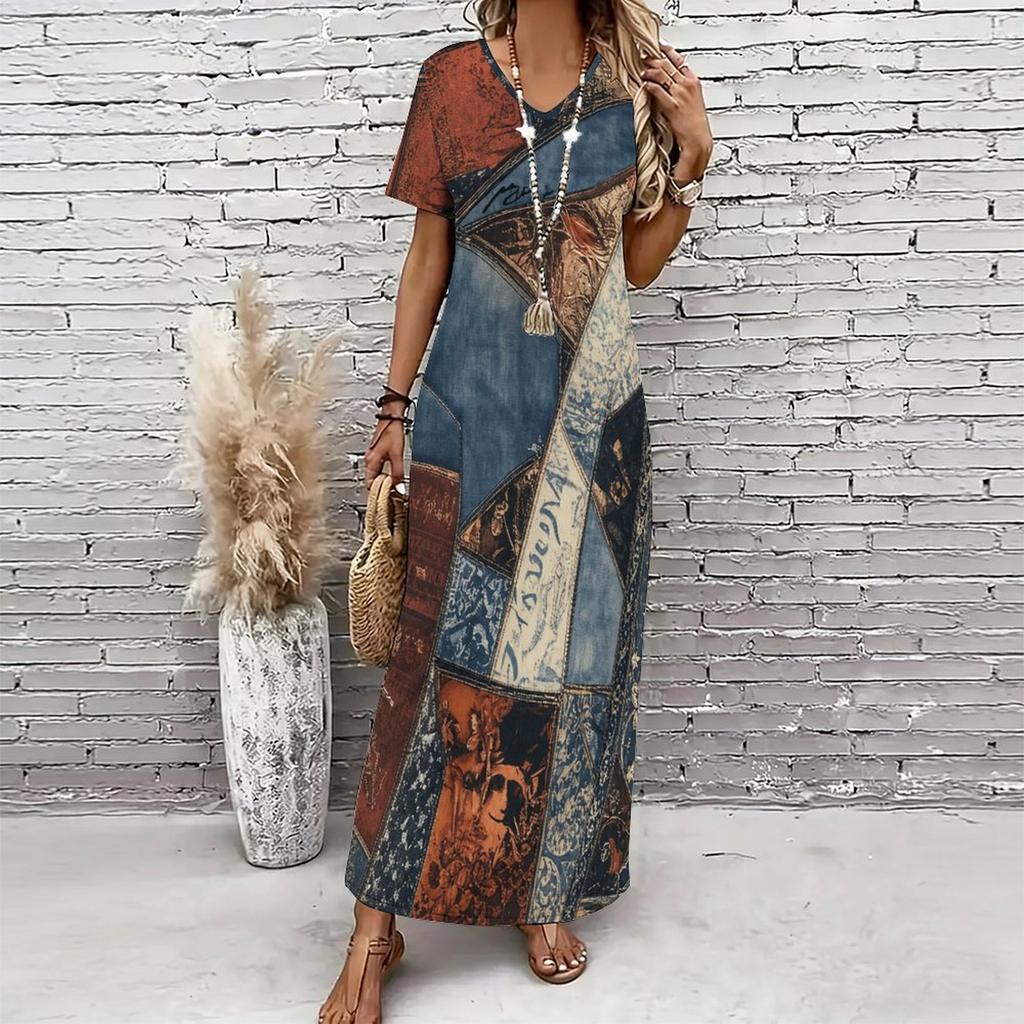 Women Plus Size V Neck Short Sleeve Printed Long Straight Dress White Purple