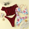 Women's Bikini Flower Print Cross Bandeau Two Piece Swimsuit Beach Swimwear