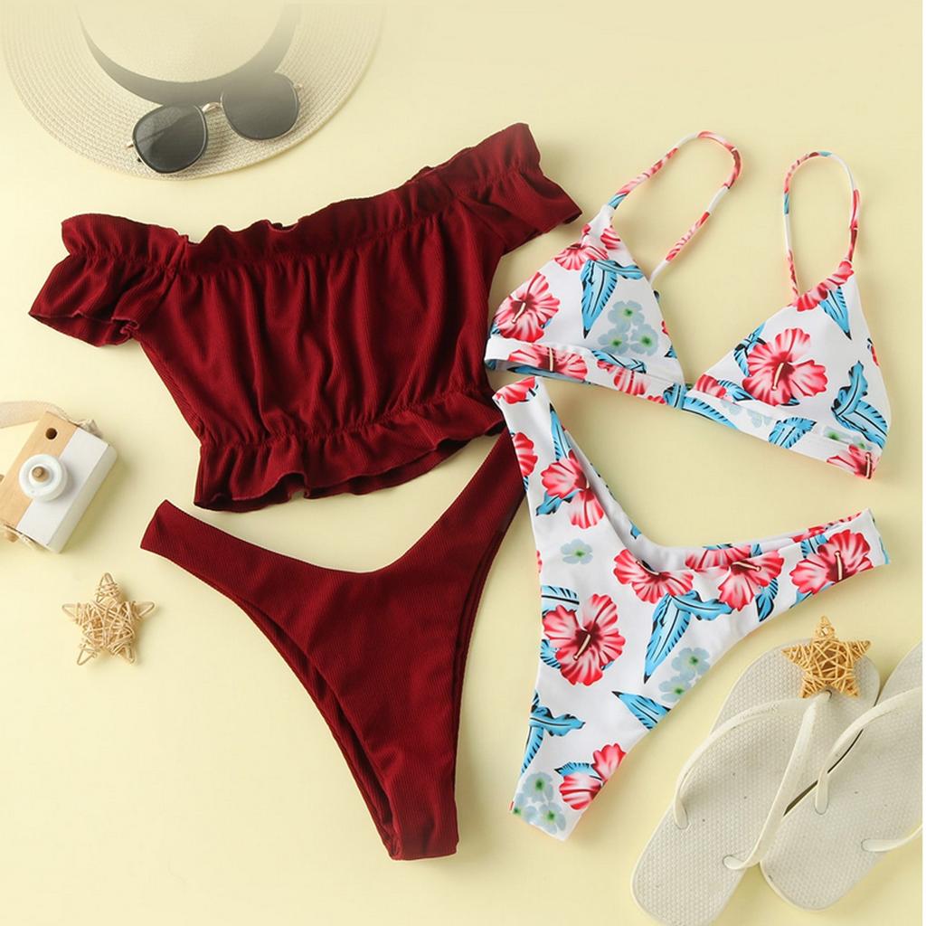 Women's Bikini Flower Print Cross Bandeau Two Piece Swimsuit Beach Swimwear