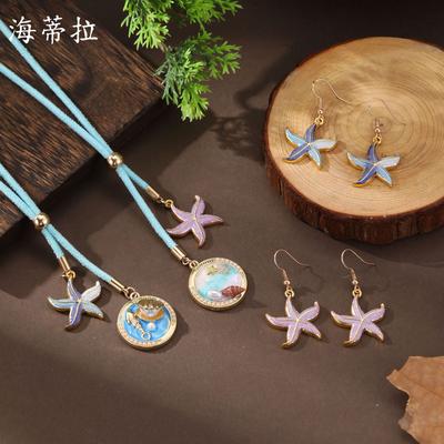 New Enamel Color Starfish Shell Earrings Long Necklace Ladies Summer Beach Small Clear Starfish Long Pendant
