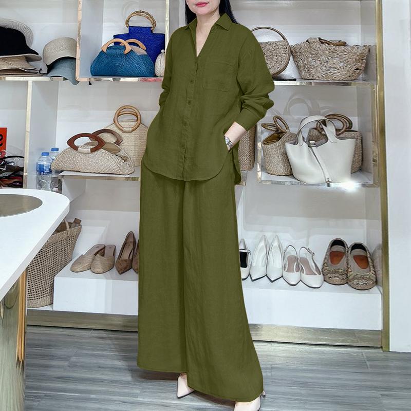 ZANZEA Women Long Sleeve Blouse and Pants Casual Two Piece Suit Sets