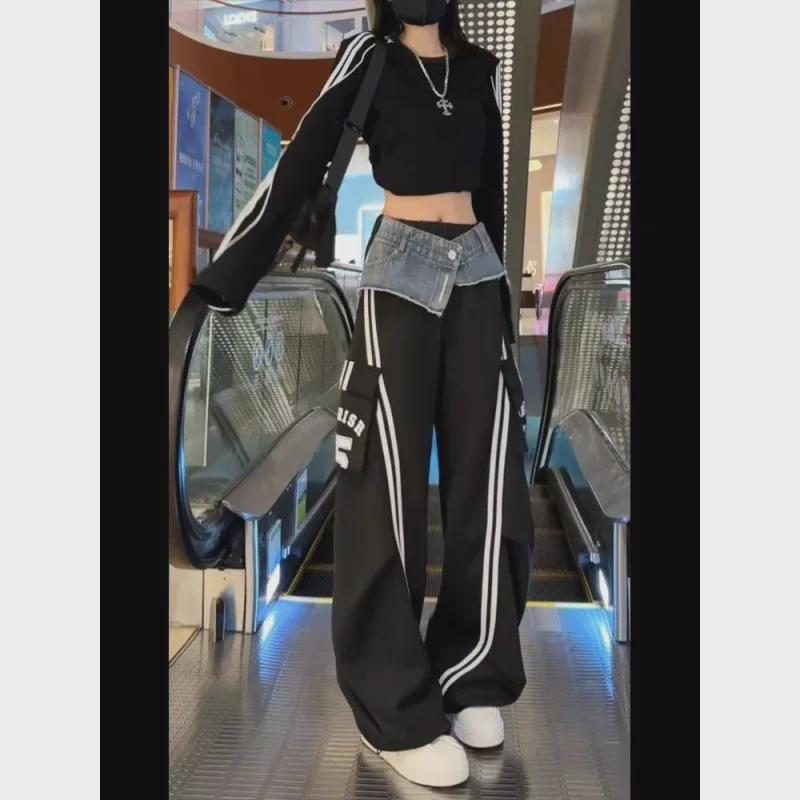 Women's Striped Denim Overall Pants with Pockets - Fall Fashion Wide-Leg Style