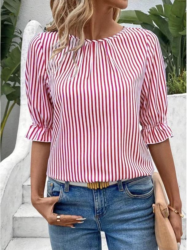 2026 Fashion Blue Striped Button-Design Shirt: European & American Style