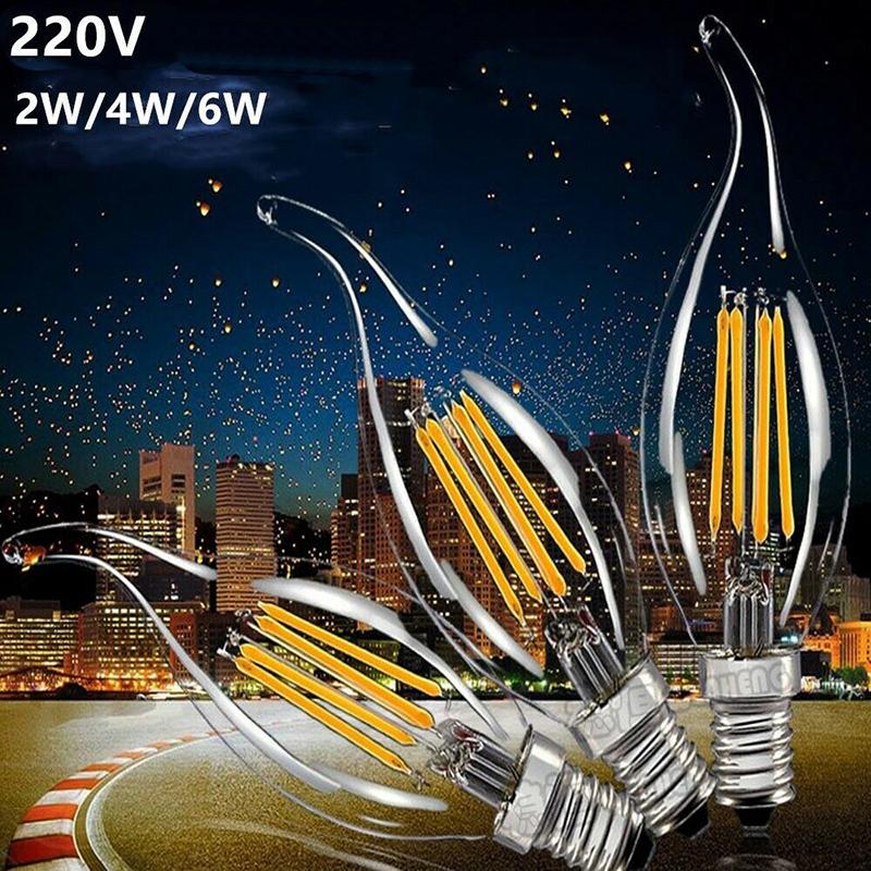 Stmívatelná E14 LED žárovka 2W 4W 6W Edison Retro Vláknová Svíčka Světlo 220V 240Lm