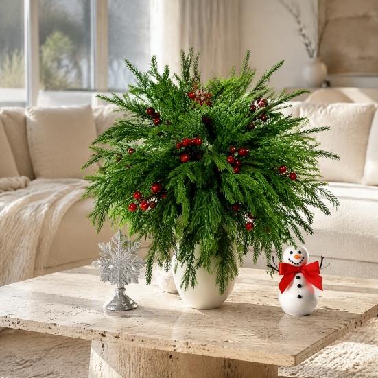 Tabletop Plant Ornaments for Home 20Pcs Christmas Norfolk Pine Picks, Flocked Snow Branches with Lifelike Floral Decor Gift Red Berries, Artificial