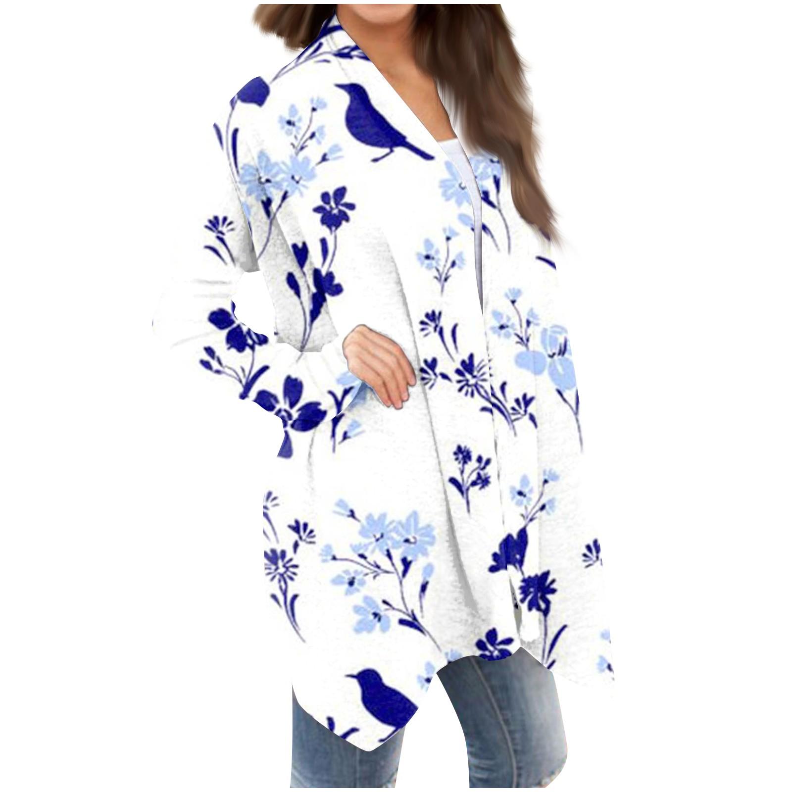 

Женская модная повседневная куртка-кардиган средней длины с цветочным принтом, пальто XXL синий