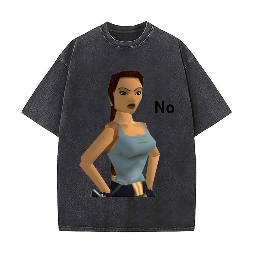 Lara Croft Gaming Inspired Lara Croft Tomb Raider Design Washed Vintage TShirts Street Hip Hop Retro Punk T Shirt