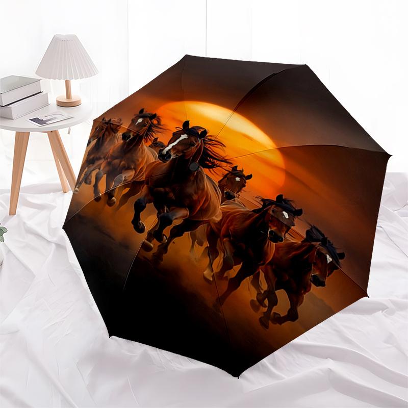 Galloping Horses Sunset Scene Automatic Opening/Closing Umbrella - Portable Folding Design, 8-Bone Iron Frame Outdoor Umbrella, Ideal Gift f