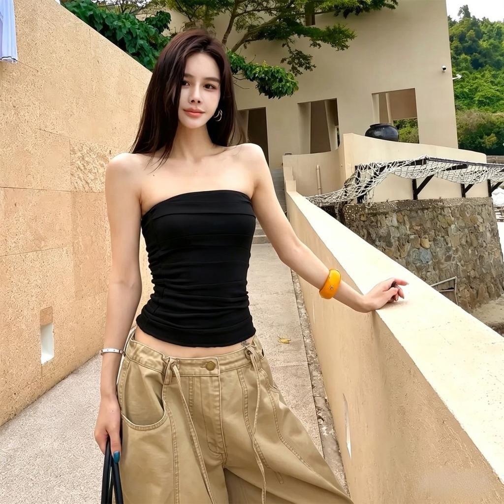 Tube Top Short Spice Girl Slim Small Suspender Vest Outside Pleated Top Women's Summer Sexy Temperament Slim Fit