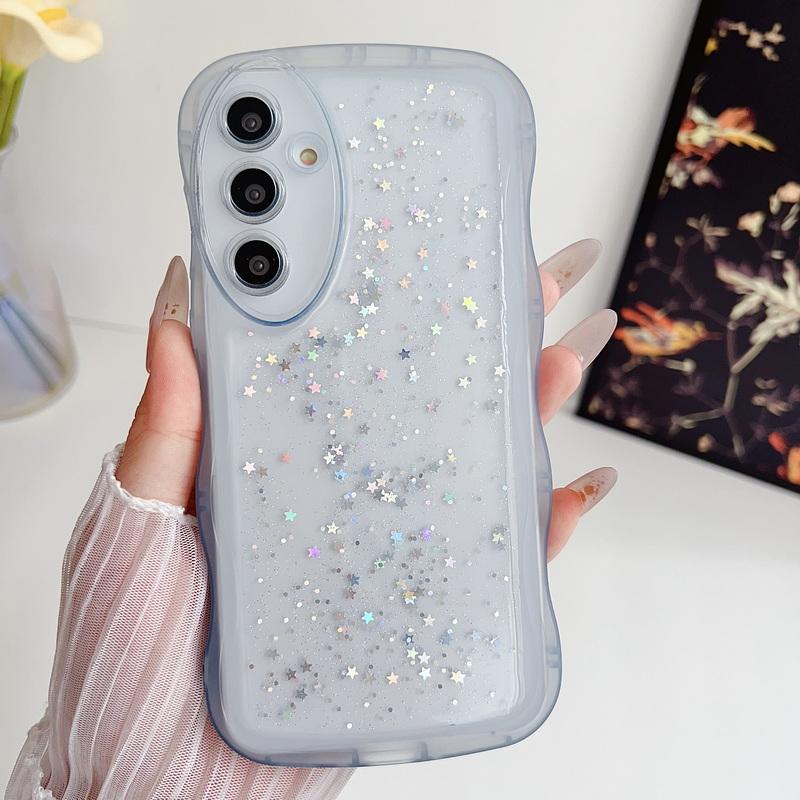 Roztomilý průhledný třpytivý obal s kapkovým lepidlem ve tvaru hvězdy pro Samsung S24 Plus S23 S22 S21 Ultra S20 Fe A16 A06 A55 A54 A53 A52 A35 A15 A14 Nárazuvzdorný vlnitý kryt na telefon