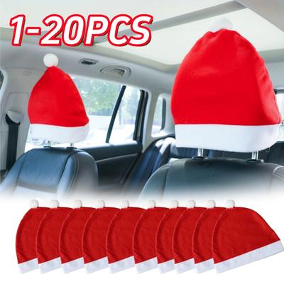 1-20PCS Christmas Car Headrest Cover Seat Back Cover King Size Christmas Hat Seat Christmas Hat Car Holiday AtmosphereDecoration