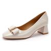 White High Heels Thick Heel Not Tired Feet 2025 New Versatile Women's Shoes Shallow Mouth Square Head Shoes Patent Leather Middle Heel Single Shoes