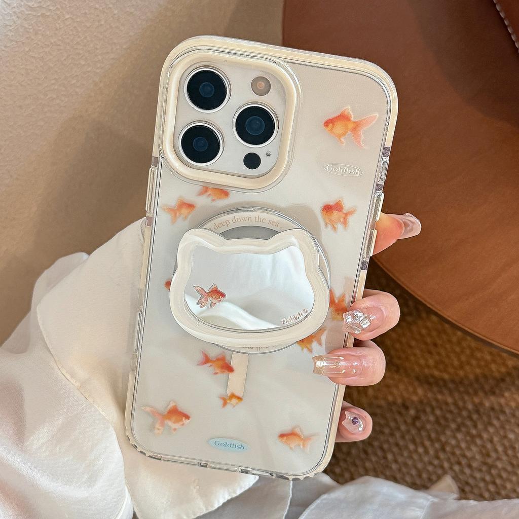 Mirror Cat Magnetic Snap Holder 16promax Transparent IPhone 15 Mobile Case Applicable To 13 Little Goldfish 14 Chinese Style