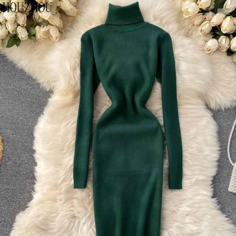

HOUZHOU вязаное платье миди женское корейское винтажное элегантное однотонное облегающее осенне-зимнее теплое классическое базовое платье с высоким воротом one size зелёный