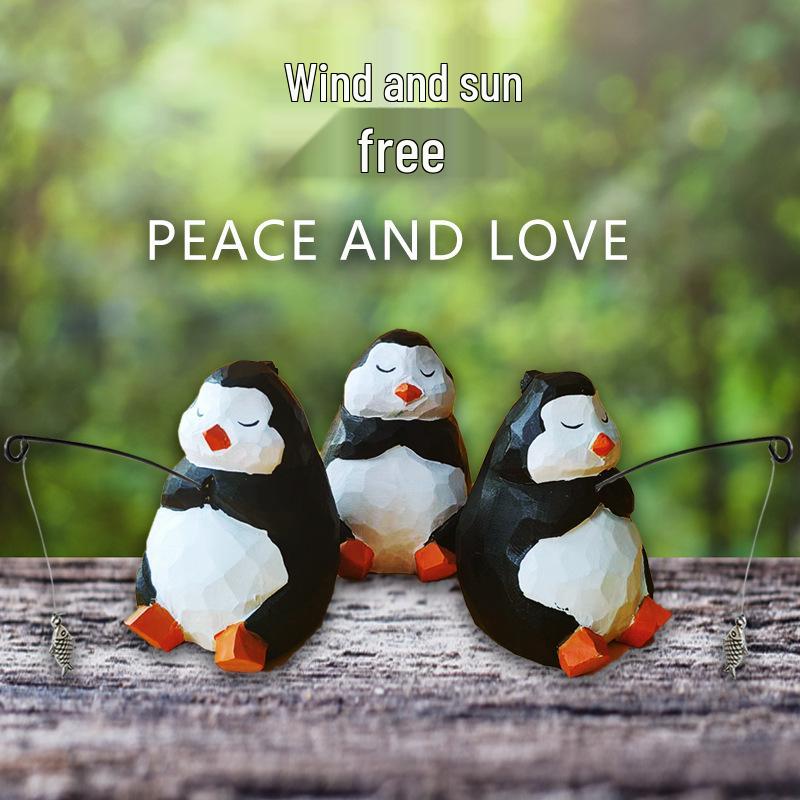 Hand-Carved Solid Wood Fishing Penguin Ornament – Cute Wooden Penguin Decoration