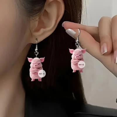 Pink Pig Dangle Earrings 2D Acrylic Pig Charm Earrings Lightweight Cute Angry Pig Earrings