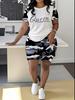 1116 new casual sports style digital printing shoulder sleeve T-shirt high waist tight shorts fashion suit women