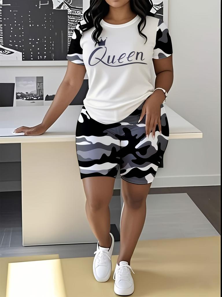 1116 new casual sports style digital printing shoulder sleeve T-shirt high waist tight shorts fashion suit women